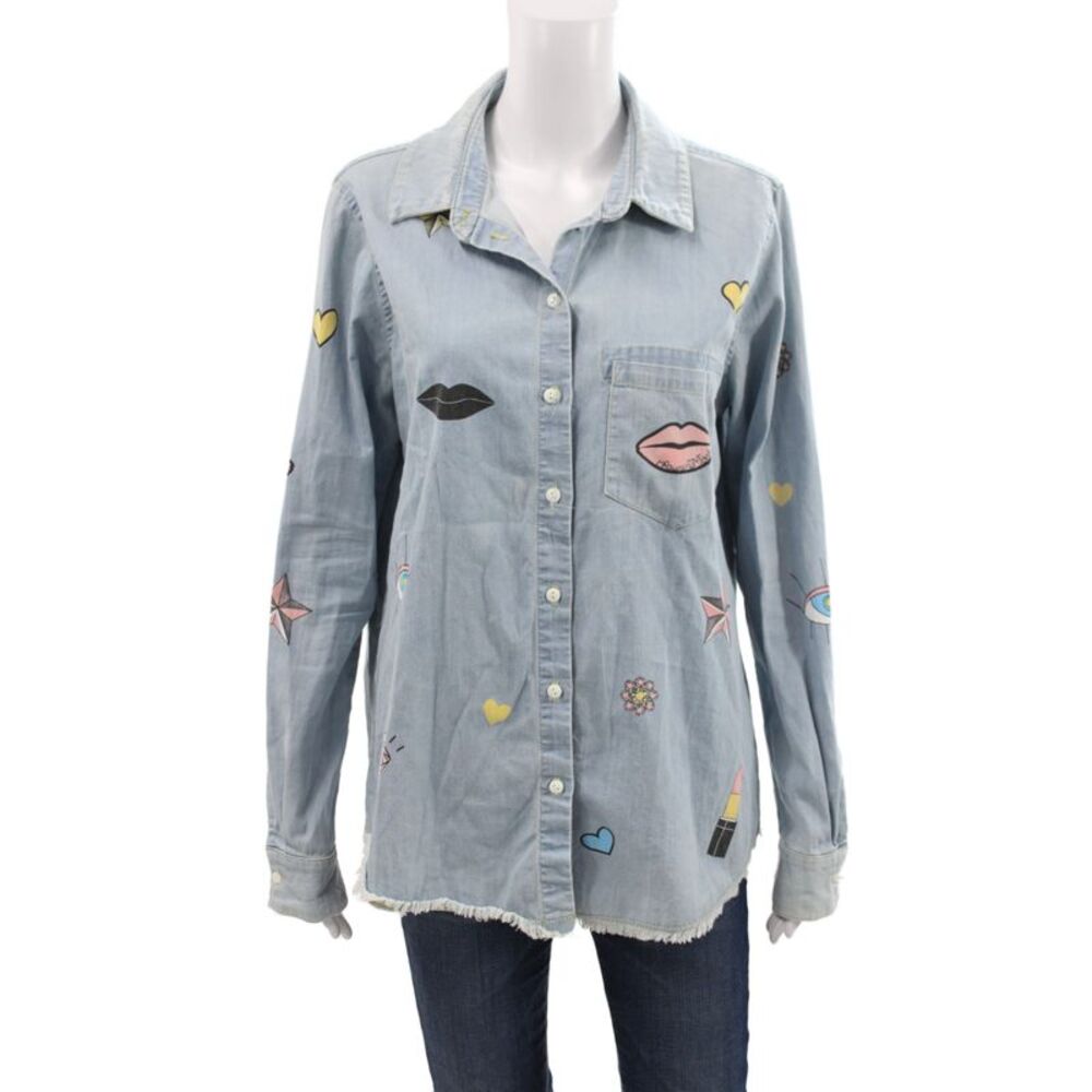 Lauren Moshi Womens Blue Geometric Long Sleeve Button-Up Size M